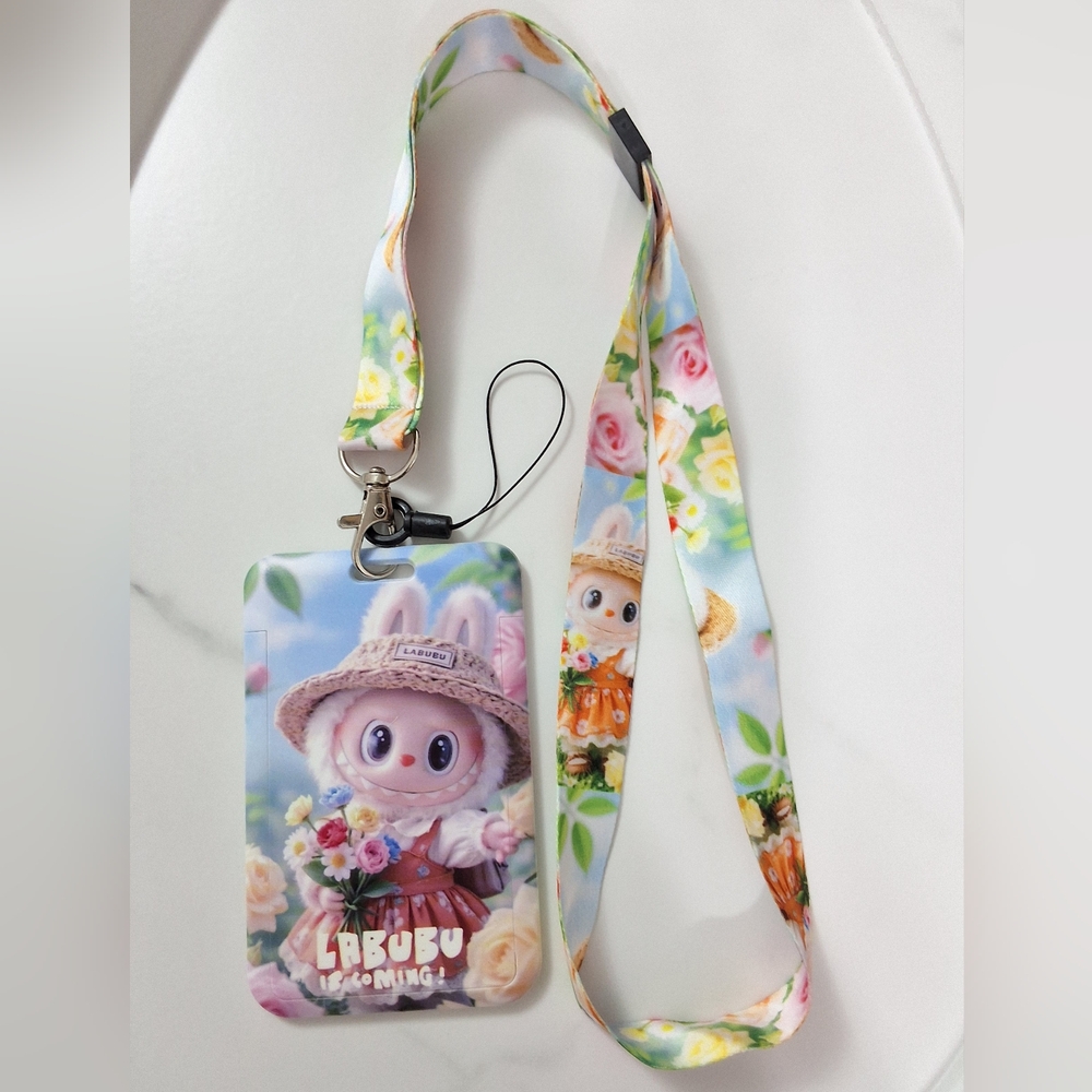 Labubu Lanyard ID Badge Card Holder - Orange Dress & Straw Hat, New